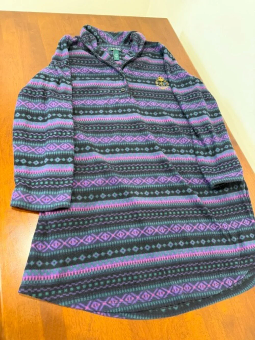 Ralph Lauren Purple Black Fleece Sleepshirt Tunic Nightgown Pockets.